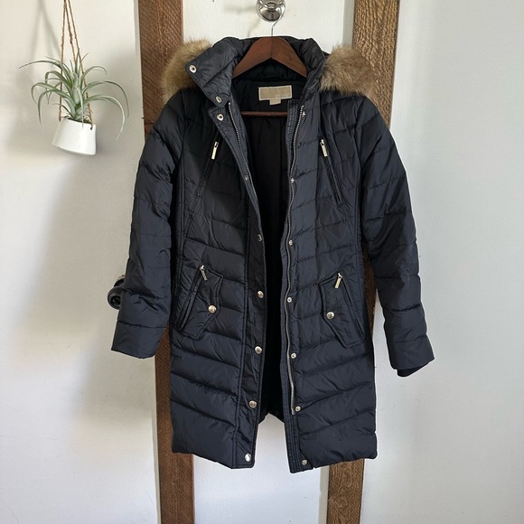 Michael Michael Kors Women Black Down Puffer Winter Coat Faux Fur Trim Hood PXXS - Picture 3 of 16